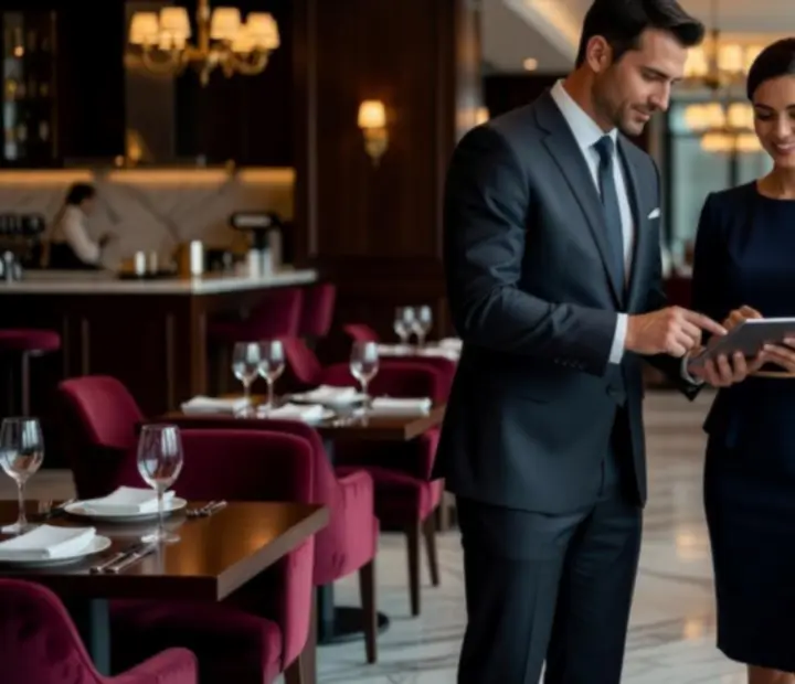 Professzionális rendezvényszervező csapat egyeztet egy vállalati esemény részleteiről az étterem lounge terében