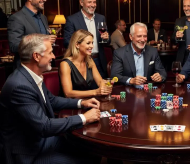 Barátságos offline poker est szimbolikus zsetonokkal egy elegáns lounge térben