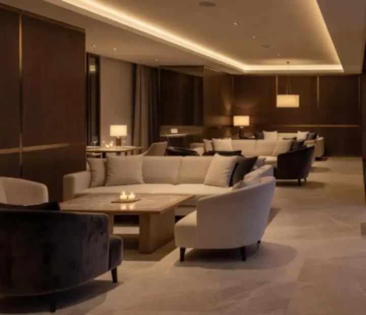 Modern, elegáns budapesti étterem és lounge belső tere arany fényekkel