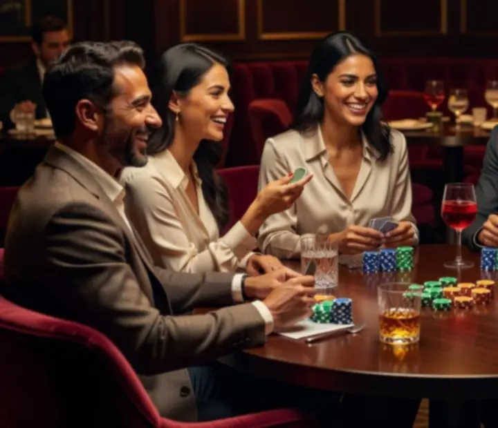 Barátságos poker est modern lounge környezetben, vendégek mosolyogva beszélgetnek asztal körül