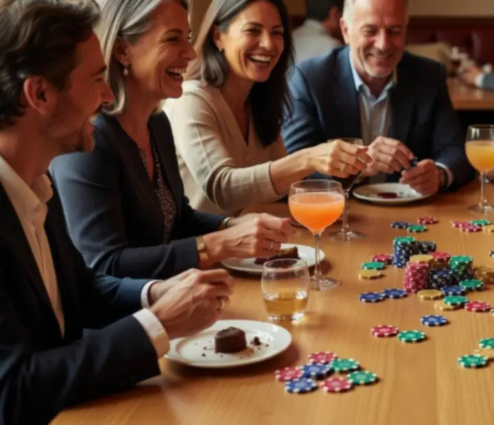 Baráti társaság asztalnál, szimbolikus zsetonokkal, vidám poker esten