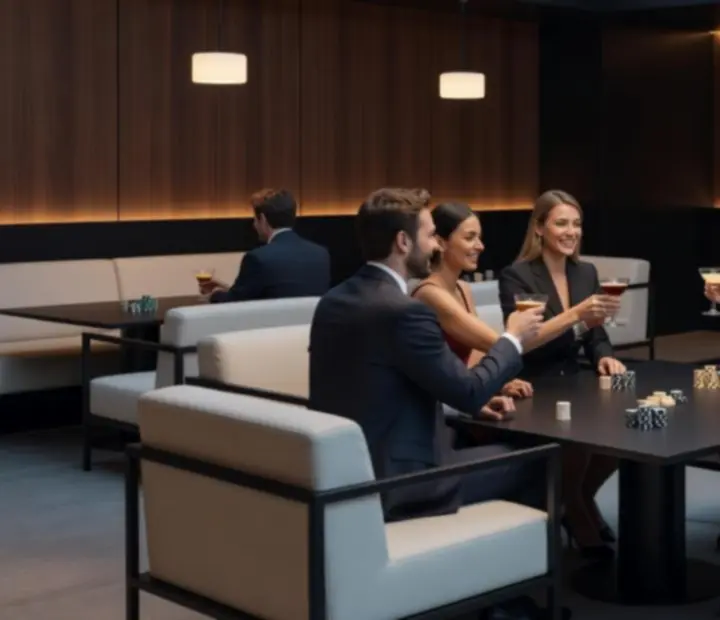Modern, hangulatos lounge tér barátságos poker esthez, elegáns megvilágítással