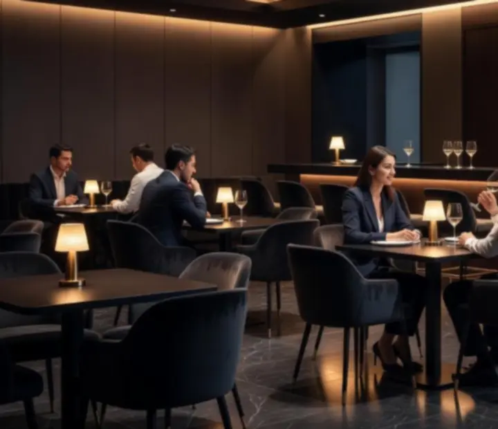 Hangulatos, gyertyafényes éttermi és lounge enteriőr, elegáns vendégekkel