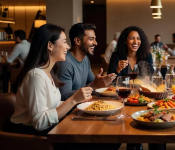 Vendégek egy elegáns étterem lounge részében, barátságos hangulatban